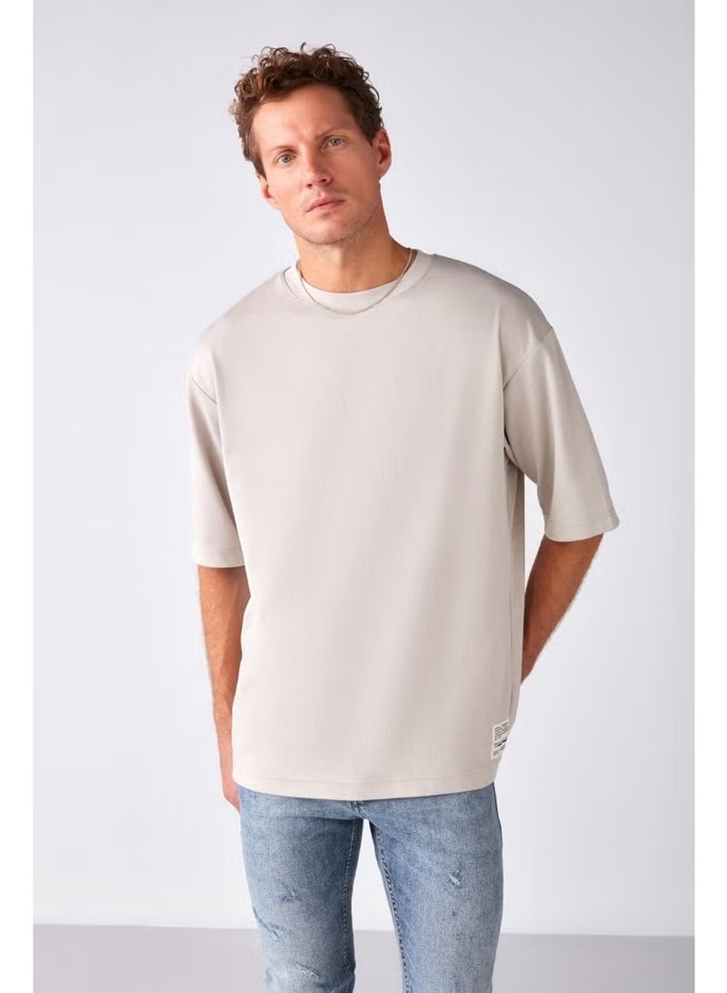 GRIMELANGE Joel Men's 100% Organic Cotton Thick Fabric Special Texture Label Detail Oversize Stone Color T-shirt - Image 4